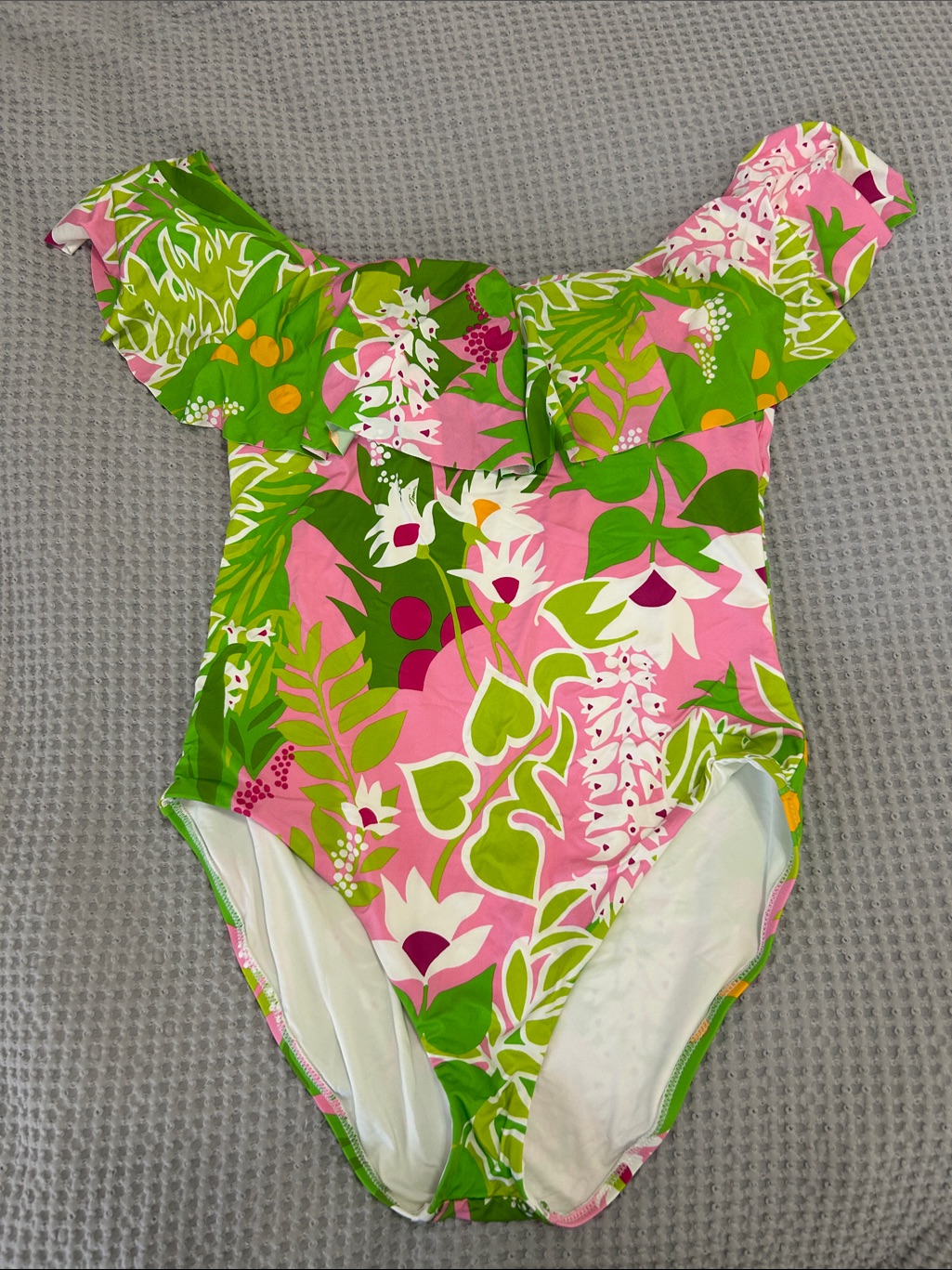 Women’s Pink & Green Floral Ruffle One-Piece Swimsuit